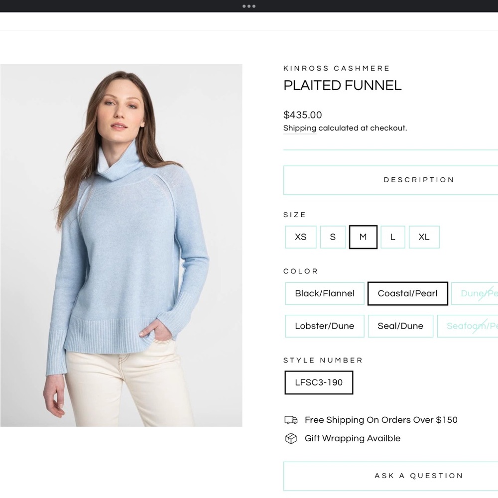 NWT famous Kinross cashmere baby blue cashmere funnel neck sweater m